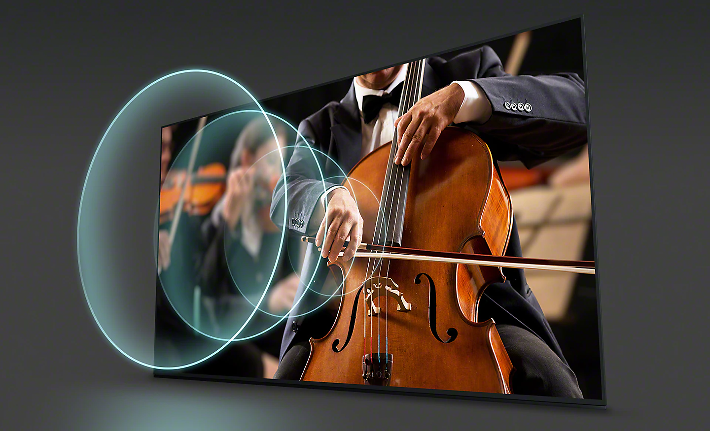 Musiker spielt während eines Konzerts Kontrabass, Schallwellen sind zu sehen
