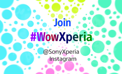 Białe tło z kolorowymi bąbelkami i tekstem tagów społecznościowych nałożonymi na opis dołączania do Wow with Xperia