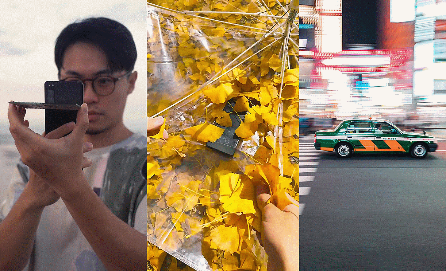 Three portraits side by side, on the left person taking a photograph, in the middle image of phone in between leaves and on the right car on city road