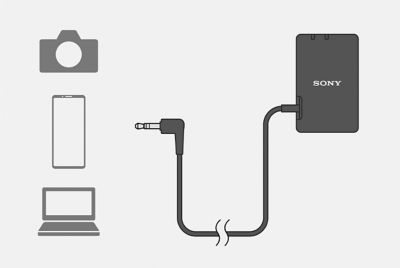 Illustration d'un récepteur connecté par câble audio et miniprise de 3,5 mm à divers appareils tels que des smartphones et des PC