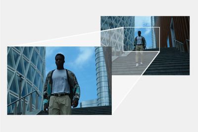 Ejemplo de imagen recortada de un hombre bajando escaleras, junto a la imagen original del retrato de cuerpo completo