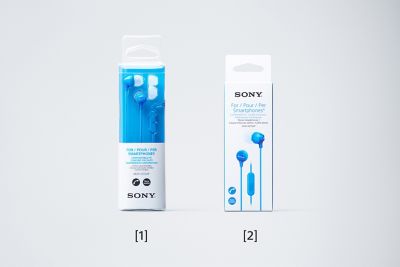 MDR-EX15AP packaging before renewal (plastic) and after renewal (paper-based)