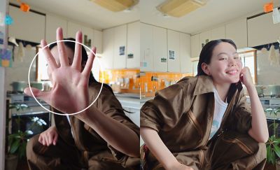 Split image of one person, they are holding their hand up to the camera in the left image and smiling in the right