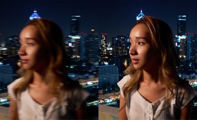 Split image of a person on a rooftop at night, both are identical but the left image is blurry and the right is clear