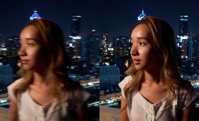 一個人晚上待在屋頂的分割圖片，兩張圖片完全相同，但左圖模糊，右圖清晰