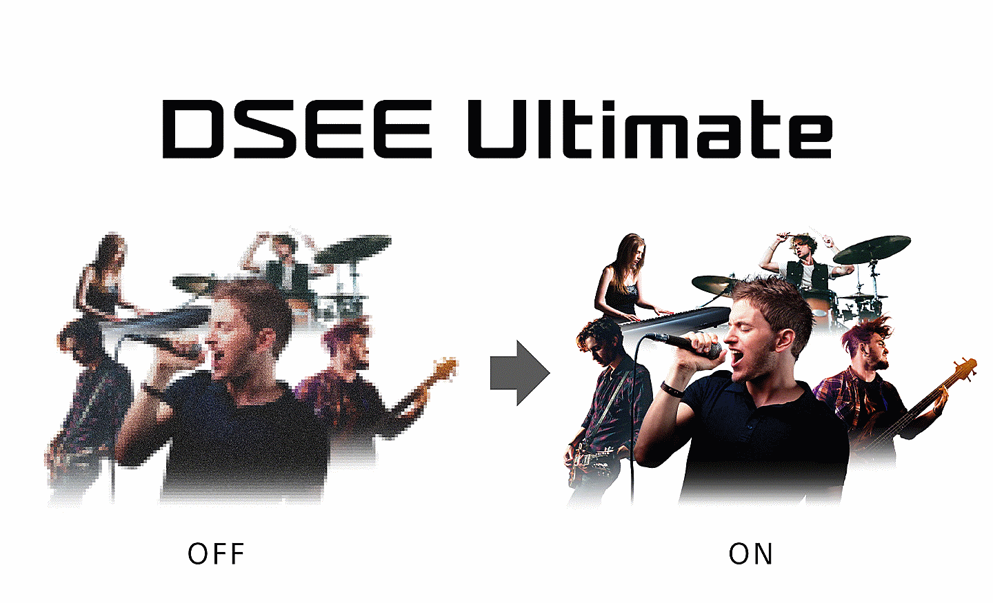 Two identical images of people playing instruments under the text DSEE Ultimate, the left is blurry and the right is clear