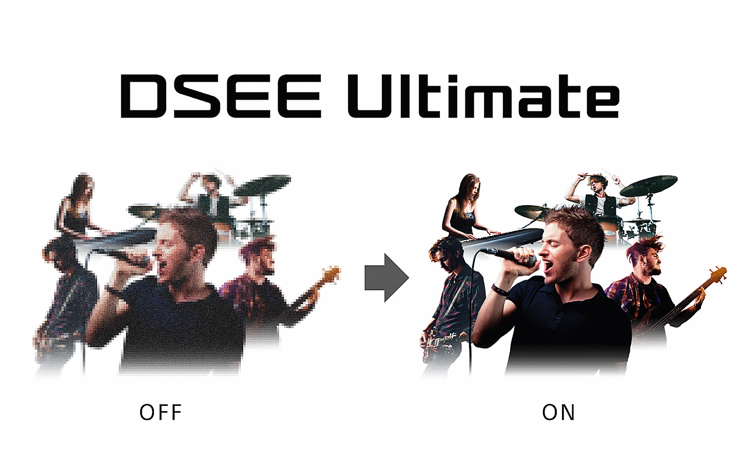 Two identical images of people playing instruments under the text DSEE Ultimate, the left is blurry and the right is clear