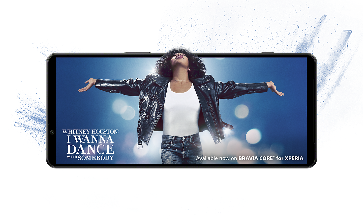 Image d'un smartphone Xperia montrant le biopic sur Whitney Houston « I Wanna Dance With Somebody » à l'écran