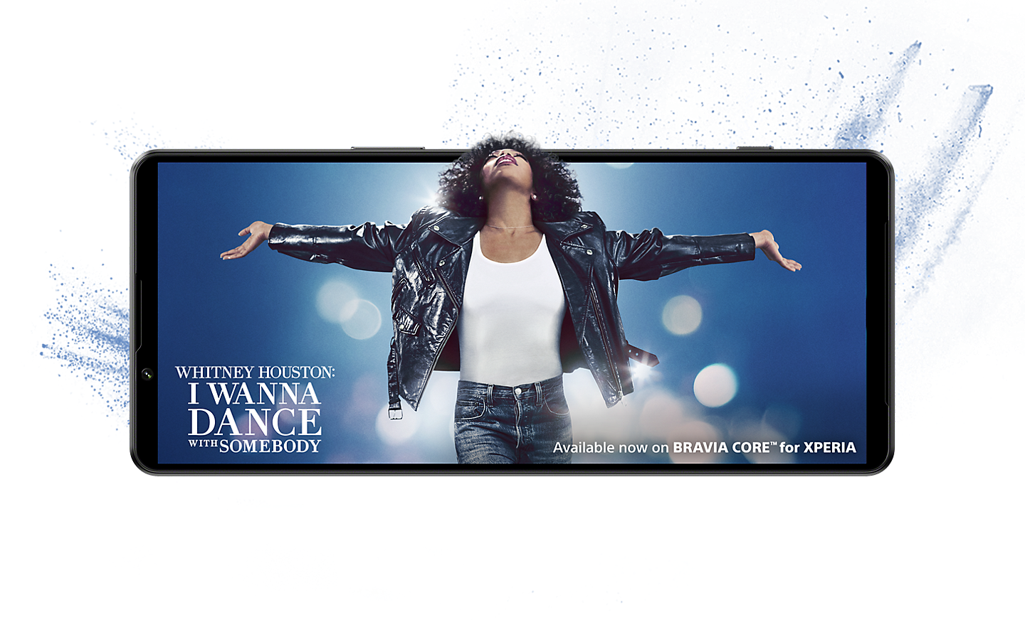 Image of an Xperia smartphone showing the Whitney Huston film I Wanna Dance With Somebody on-screen