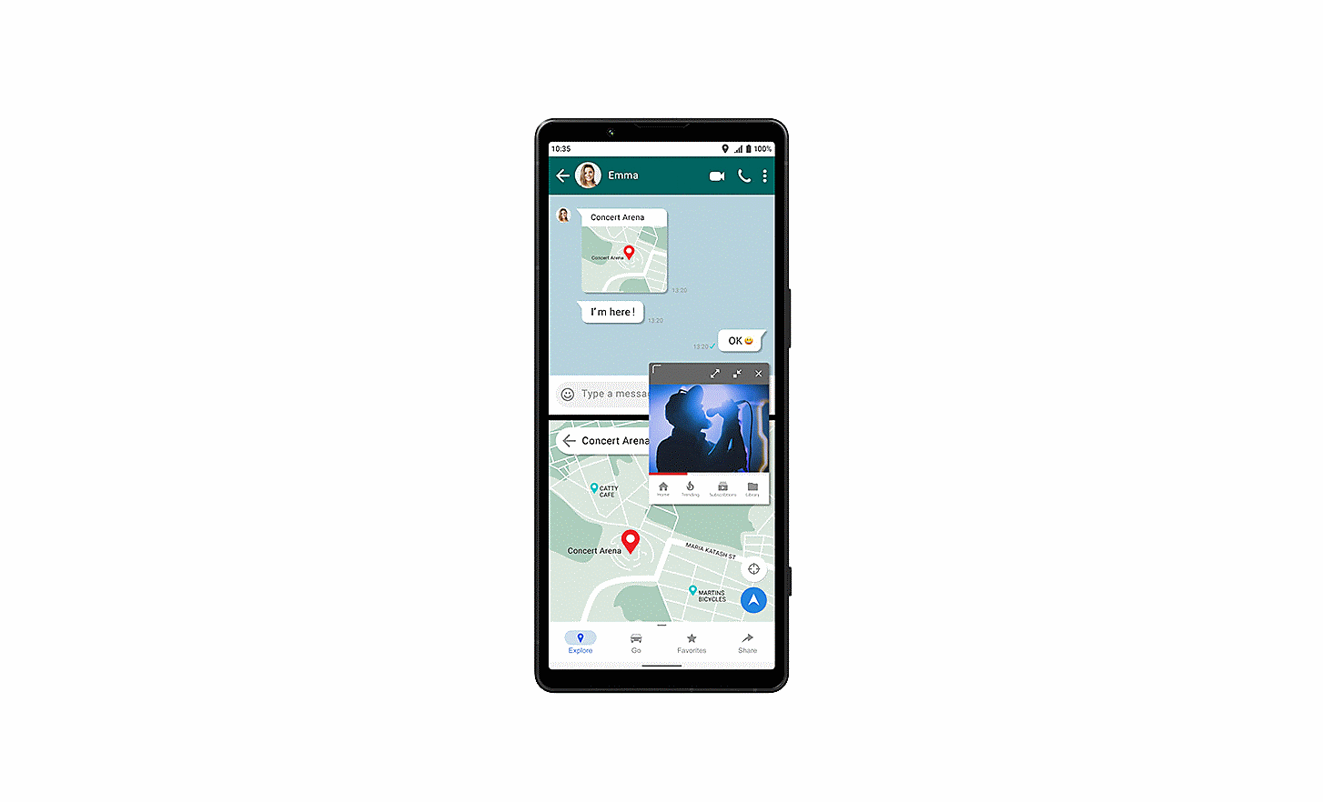 Image of a smartphone with a messaging service, map and music player all on-screen at the same time