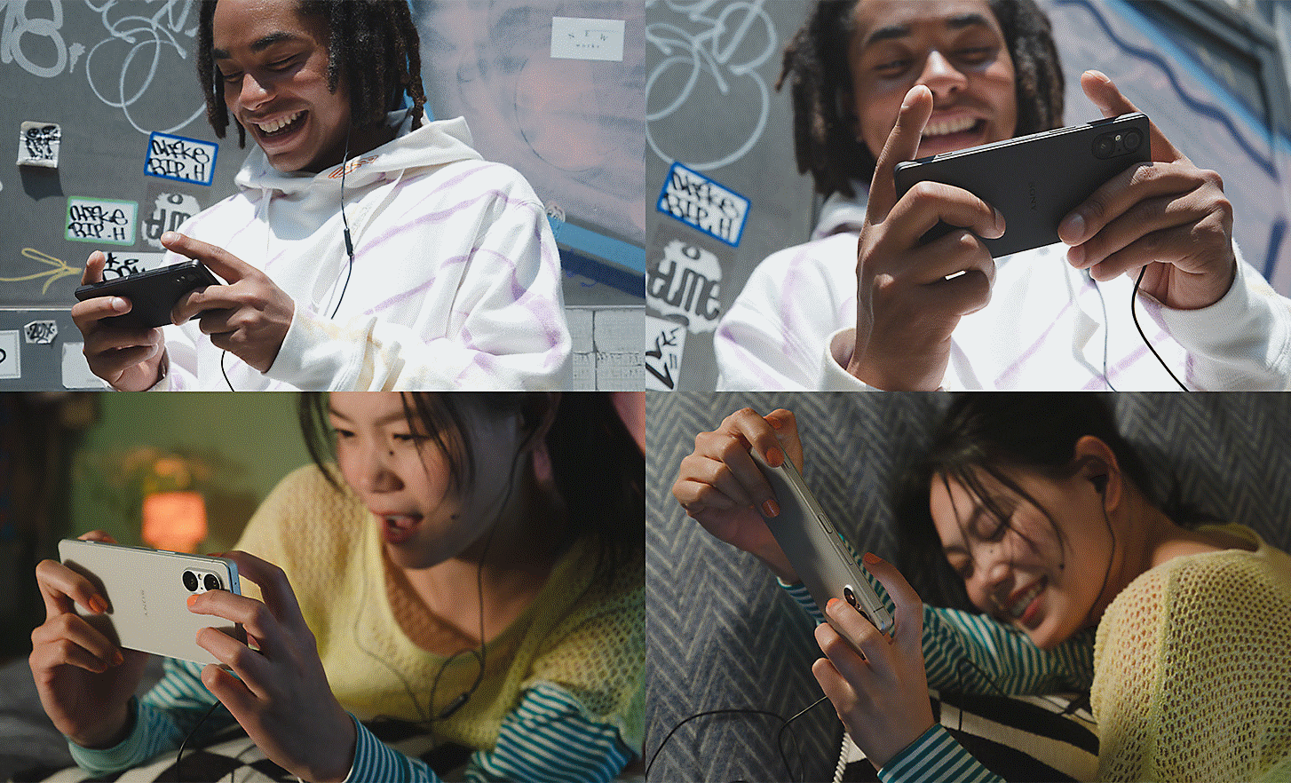Montage d'images de deux personnes jouant à des jeux sur leurs Xperia 5 V, toutes capturées sous différents angles
