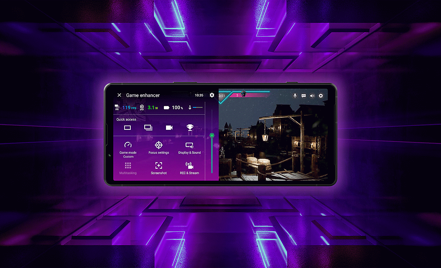 Hình ảnh Xperia 5 V với giao diện Game enhancer trên màn hình, cùng nền hiệu ứng 3 chiều màu tím