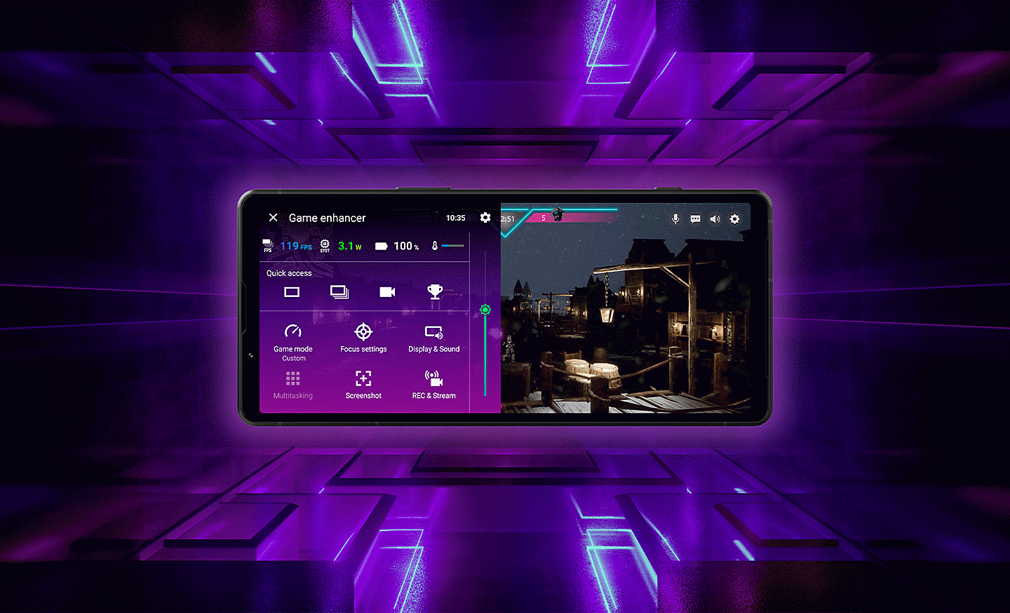 Image of an Xperia 5 V with a game enhancer interface on screen on a purple 3-D effect background