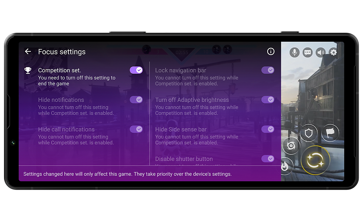 Image of an Xperia 5 V with the Focus settings interface on screen