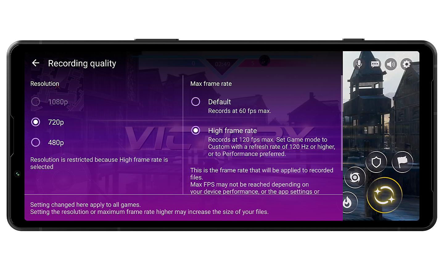 Image d'un Xperia 5 V dont l'écran affiche l'interface de la qualité d'enregistrement