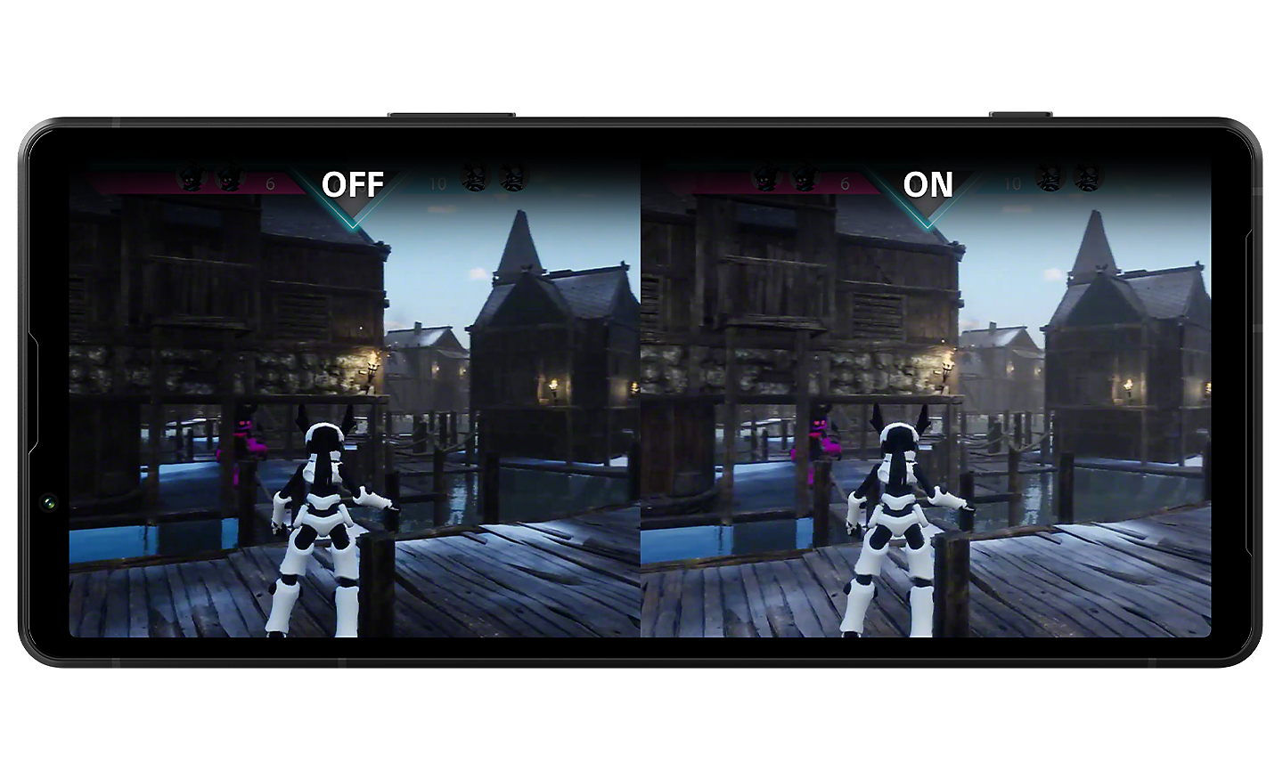 Un Xperia 5 V dont l'écran affiche une image fractionnée du jeu, la partie gauche est sombre avec le texte « OFF », et celle de droite lumineuse avec le texte « ON »