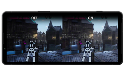 An Xperia 5 V with a split in-game image on screen, the left is dark with text OFF, the right is bright with the text ON