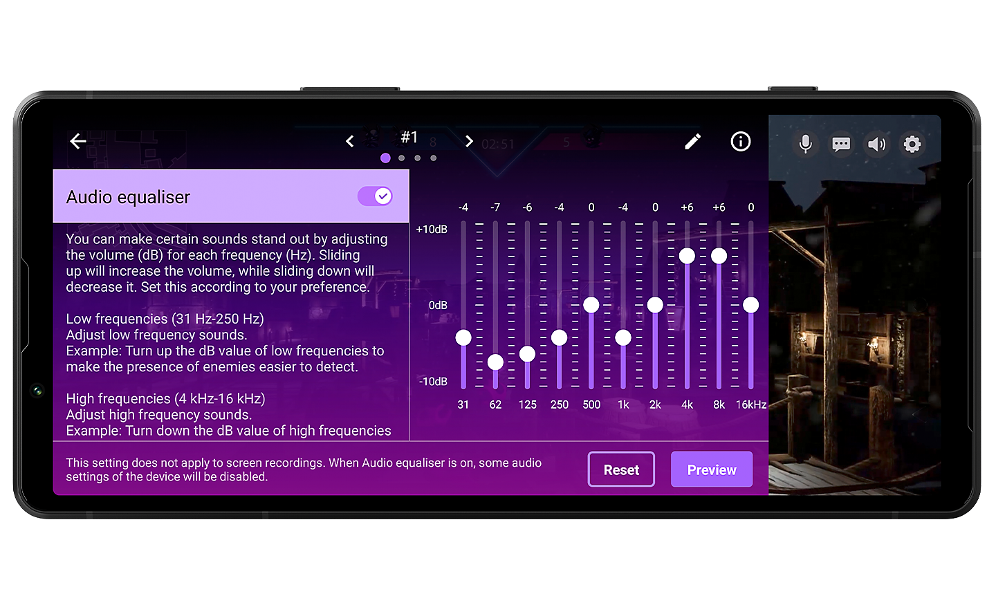 Image d'un Xperia 5 V dont l'écran affiche l'interface de l'égaliseur audio