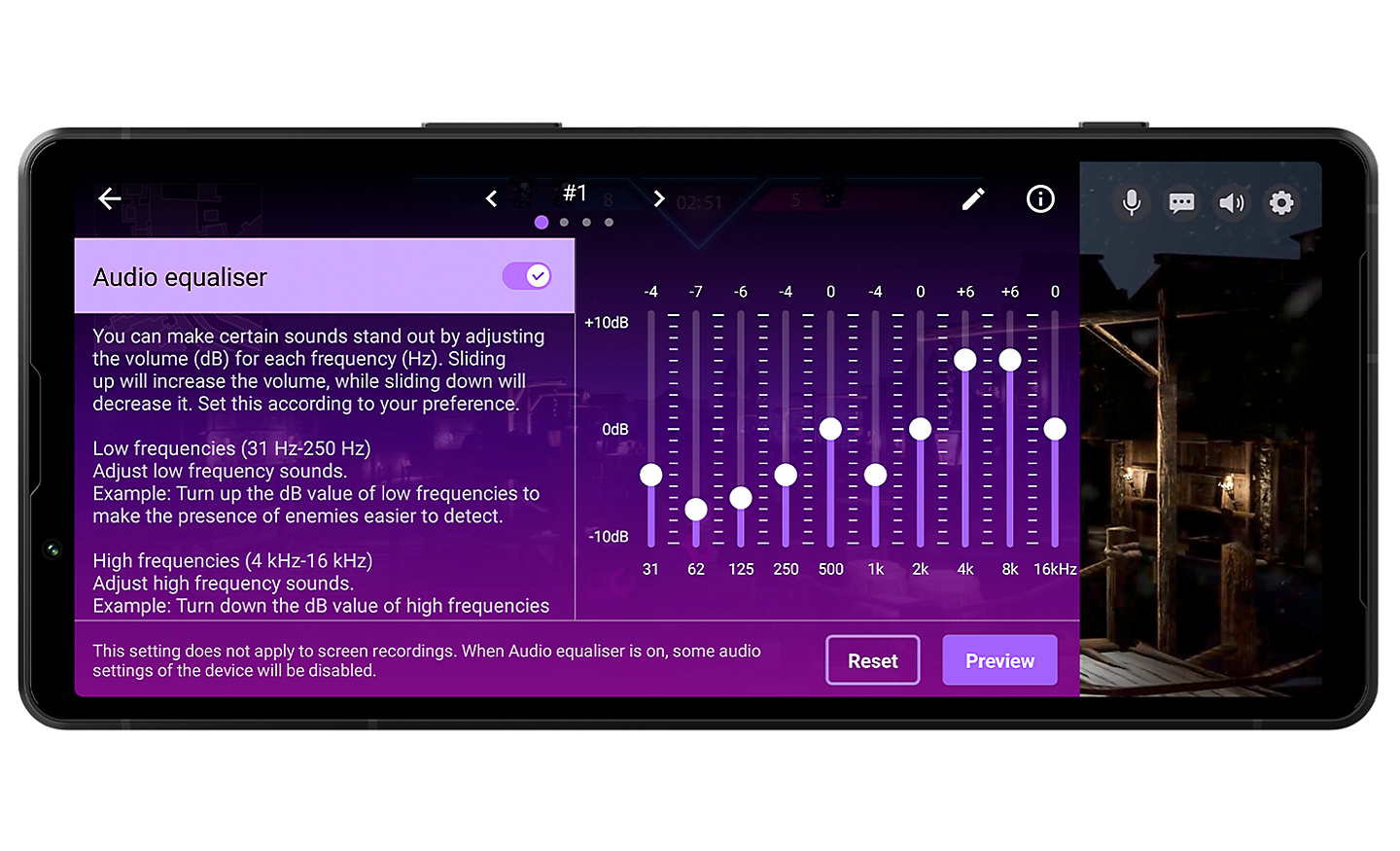 Image of an Xperia 5 V with the audio equaliser interface on screen