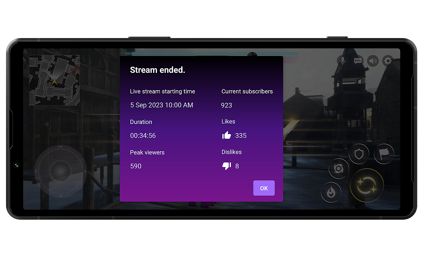 Image d'un Xperia 5 V dont l'écran affiche l'interface du résumé de votre streaming