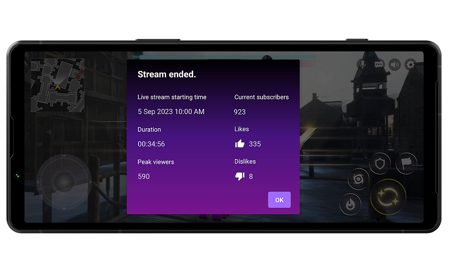Image of an Xperia 5 V with a streaming summary interface on screen