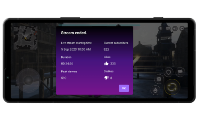 Image of an Xperia 5 V with a streaming summary interface on screen