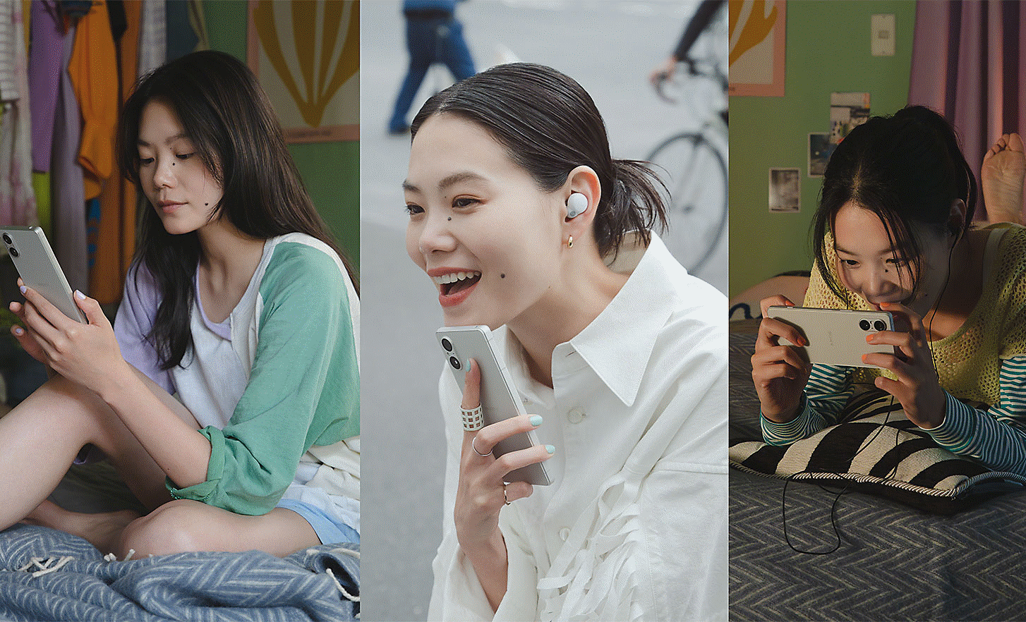 Three way split image of three people using an Xperia 5 V to read, listen to music and watch videos