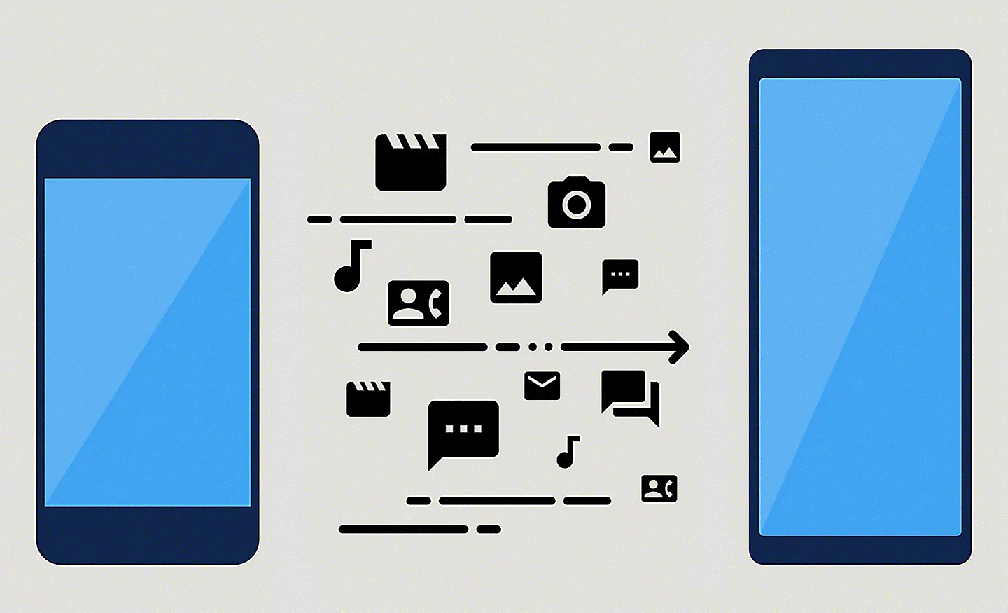 Diagram of two phones with numerous icons and arrows moving from the left phone to the right one
