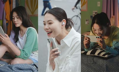 Three way split image of three people using an Xperia 5 V to read, listen to music and watch videos