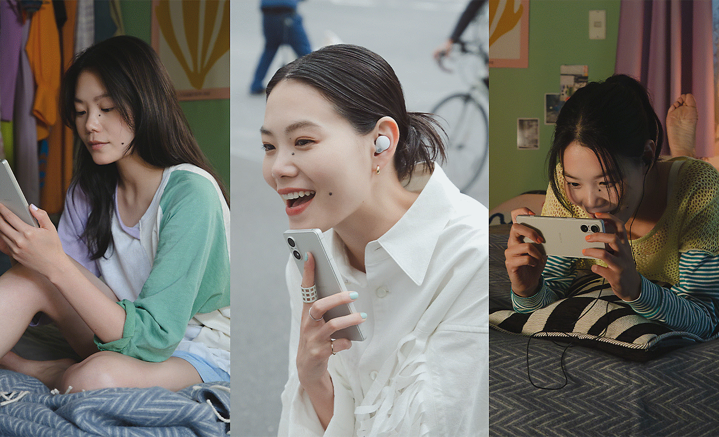 Három személy háromirányú osztott képe, amelyeken az Xperia 5 V készüléken olvasnak, zenét hallgatnak vagy videókat néznek
