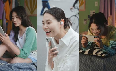 三人使用 Xperia 5 V 閱讀、聽音樂和觀看影片的三向分割圖片