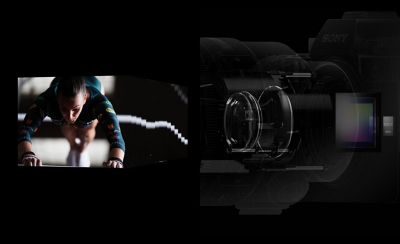 Combination image of a woman doing gymnastics and an image of a camera taking high-speed continuous shots