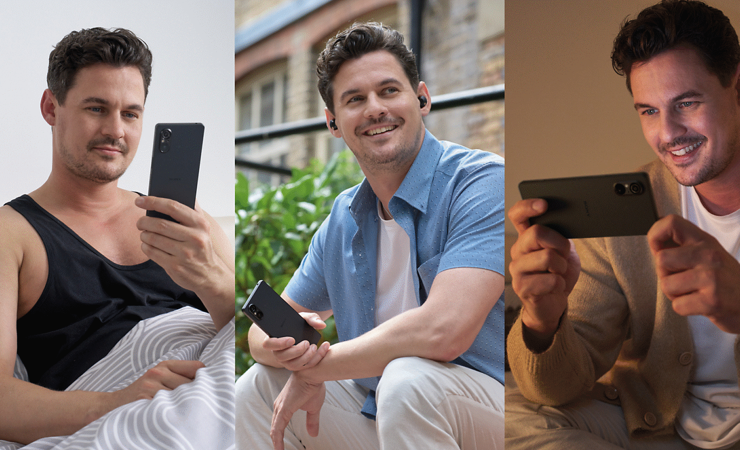 Dreigeteiltes Bild von drei Personen, die das Xperia 5 V zum Lesen, Anhören und Videoschauen nutzen