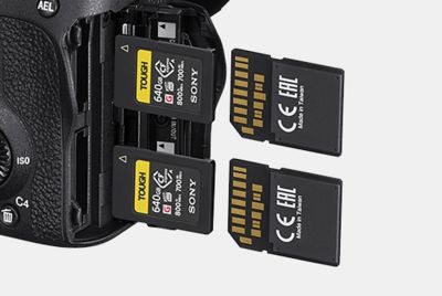 Image of camera with CFexpress cards and SD cards