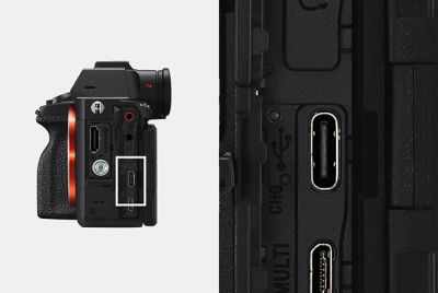 Hai ảnh chụp mặt bên trái máy ảnh, một ảnh phóng to, cả hai đều cho thấy đầu nối USB PD