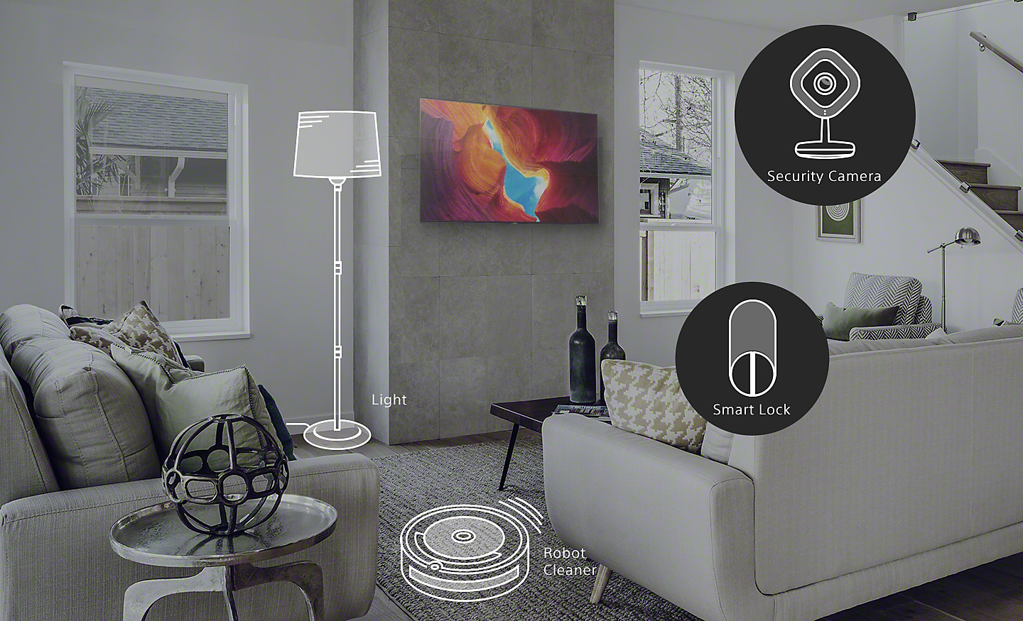 Living room scene showing smart home devices including light, robot cleaner, security camera and smart lock