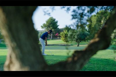 Imagen de ejemplo de un jugador de golf enfocado con un tronco de árbol desenfocado en primer plano