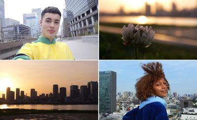 Imágenes de retrato, primer plano de una flor y un paisaje urbano