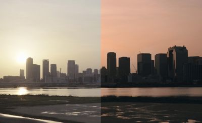 Imágenes de un paisaje urbano que muestra el antes y el después de la gradación de color