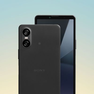 Image 92: Two Xperia 10 VI handsets in black, one facing the front and one facing the rear.