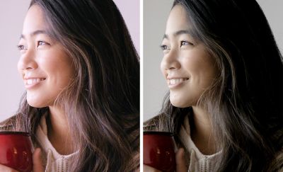 Two images of a person using the Xperia 10 VI, app one unadjusted and one with boosted colours.