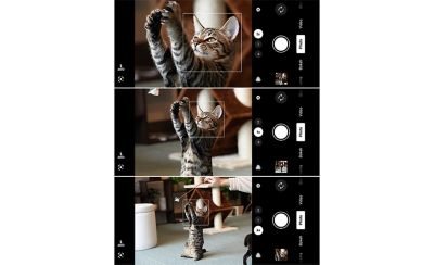 Three phone screens with the camera app open, each displaying a different angle of the same photograph.