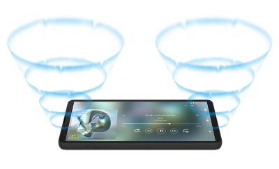 An Xperia 10 VI handset with sound waves coming from the top and bottom, indicating the position of the internal speakers.