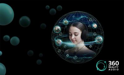 The 360 Reality Audio logo alongside a diagram of a listener surrounded by sound.