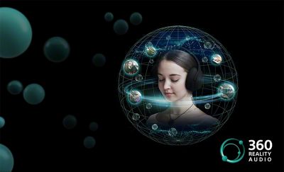 Логотип 360 Reality Audio рядом со схемой слушателя, окруженного звуком.