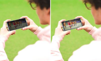 Two images of a person using the Xperia 10 VI app, one with low brightness and one with the brightness boosted.