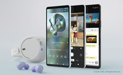 Three Xperia 10 VI handsets each with a different app open, alongside a pair of wired headphones and a pair of wireless earbuds.