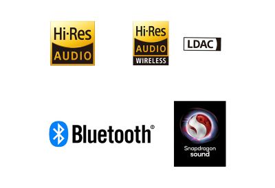 High-Resolution Audio, High-Resolution Audio Wireless, LDAC and Snapdragon Sound logos