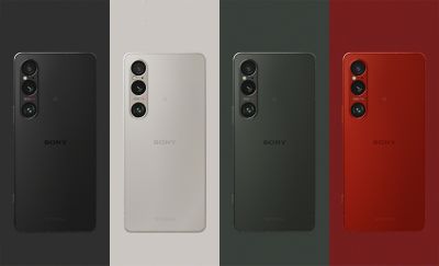 Four Xperia 1 V1 phones in Black, Platinum Silver, Khaki Green and Scarlet. 