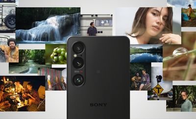Collage of the Xperia 1 VI surrounded by images of people in various outdoor settings.